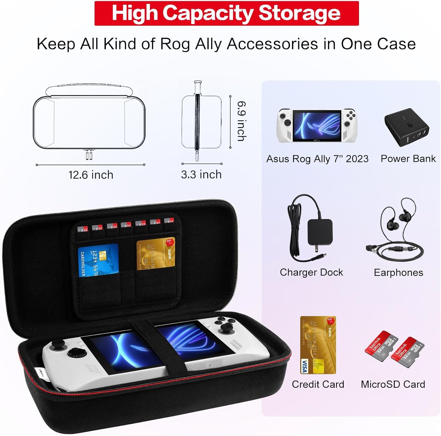 Carrying Case for Nintendo Switch 2 (2025)/Asus Rog Alloy 7''2023/Asus Rog Ally X 2024, Portable Hard Shell Pouch Travel Bag, Built-In Gaming Charger Dock Storage, Holds Game Cartridge - Black