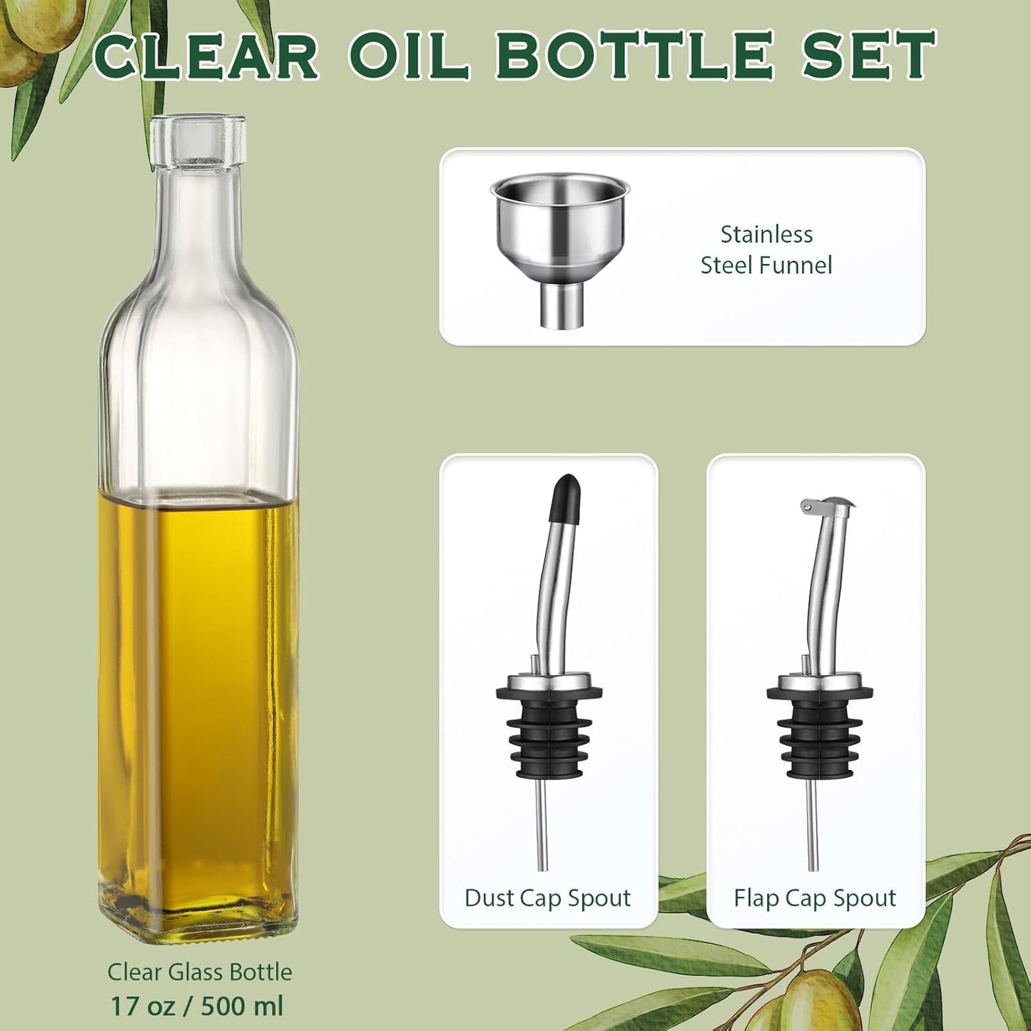 17Oz Clear Glass Olive Oil Dispenser Bottle - 500Ml Oil & Vinegar Cruet with Pourers and Funnel - Olive Oil Carafe Decanter for Kitchen