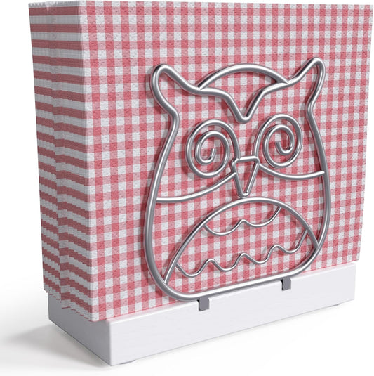 Oak Wooden Napkin Holder for Table, Silver Iron Owl Standing Paper Napkin Dispenser for Kitchen Dining Table Countertop Outdoor Cocktail Picnic Wood Holders for Mail Coffee Filter Modern Decor