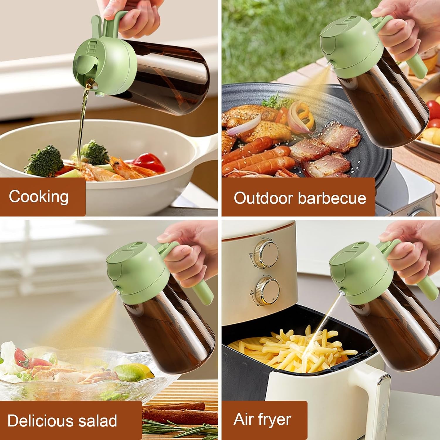 16Oz/470Ml Light Blocking Oil Sprayer for Cooking with Stickers, Food-Grade 2 in 1 Olive Oil Dispenser Bottle for Kitchen, Premium Dark Amber Glass Oil Bottle for Air Fryer, Bbq(Green)