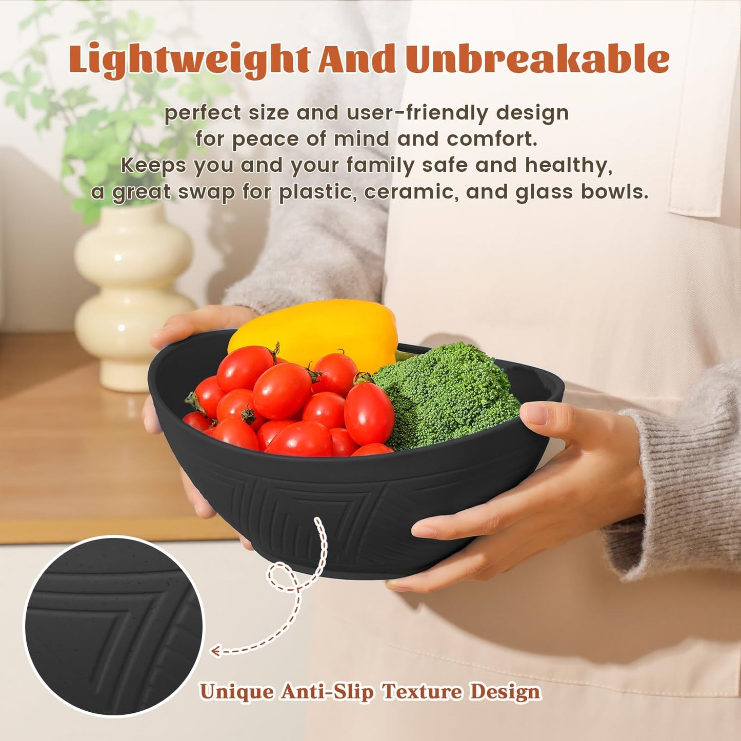 Large 9.6-Inch Oval Serving Bowls - Set of 4, 60 Oz Capacity, Ideal for Salads, Side Dishes, and Pasta, Microwave & Dishwasher Safe, Black