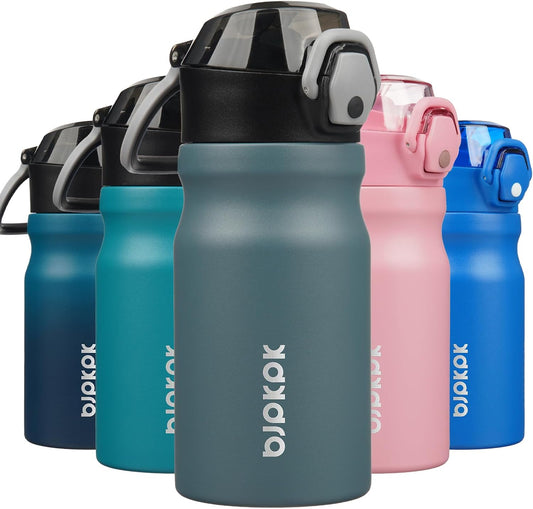 Insulated Water Bottle 14Oz Stainless Steel Water Bottles with Straw and Carry Handle Double Wall Metal Thermo,Dark Grey