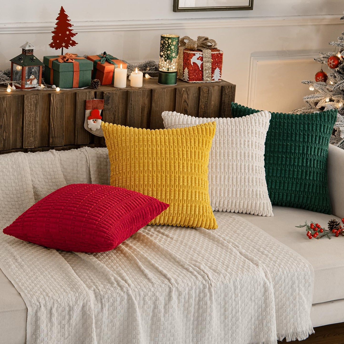 Pack of 4 Boho Farmhouse Dark Green and Yellow Corduroy Decorative Throw Pillow Covers 18X18 Inch Retro Soft Striped Pillow Covers Home Decor for Sofa Living Room Couch Bed