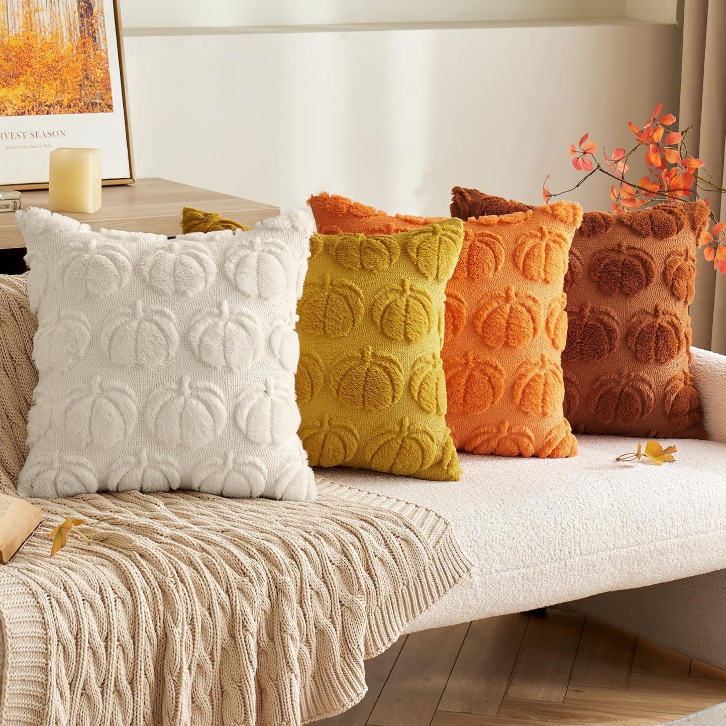 Fall Throw Pillow Covers 18X18 Set of 2 Autumn Decorations Beige Pumpkin Accent Pillowcase for Sofa Couch Porch Bed Living Room Soft Plush Faux Fur Halloween Farmhouse Home Decor