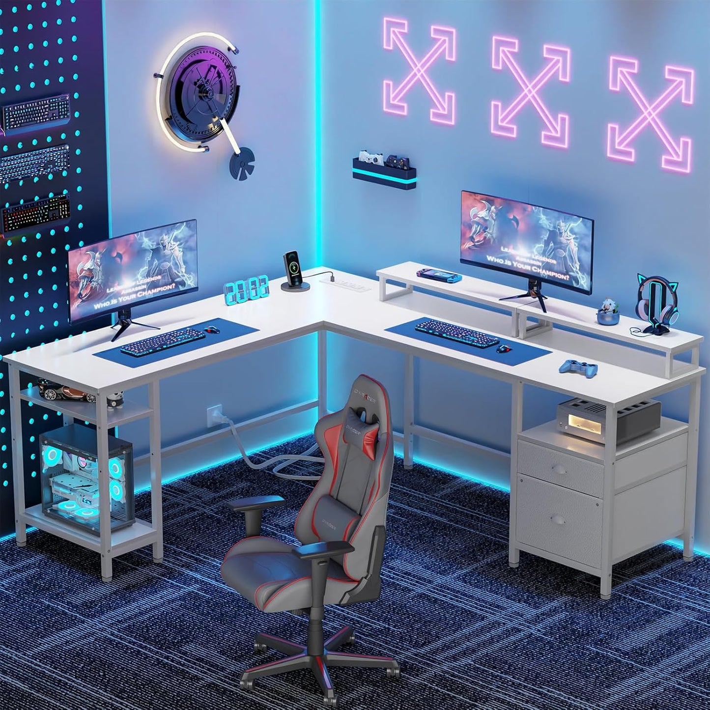 66” L Shaped Desk with Power Outlet, Reversible Computer Gaming Desk with File Drawer & 2 Monitor Stands for Home Office with Storage Shelves, White