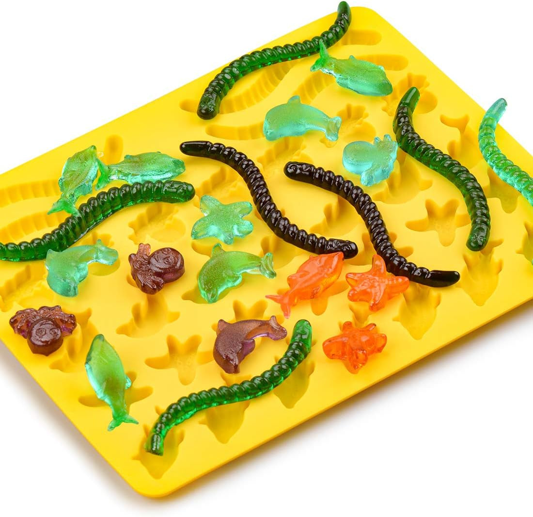 Gummy Bear Mold Candy Molds - Chocolate Molds Including Bears, Frogs, Lions, Monkeys, Penguins, Worms, Starfishs, Dolphins, Octopus, Sharks Sea Mold Set of 4 Silicone Molds