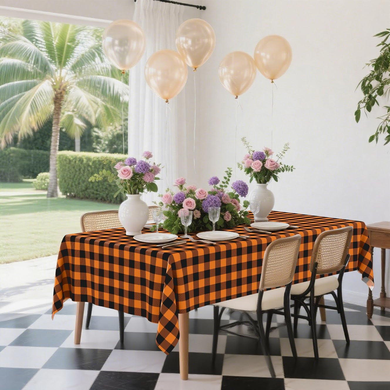 3 Packs Gingham Disposable Table Cloth, 54 X 108 Inch Waterproof Plastic Tablecloth, Rectangle Black and Orange Checkered Table Covers for Picnic, Birthday, Party
