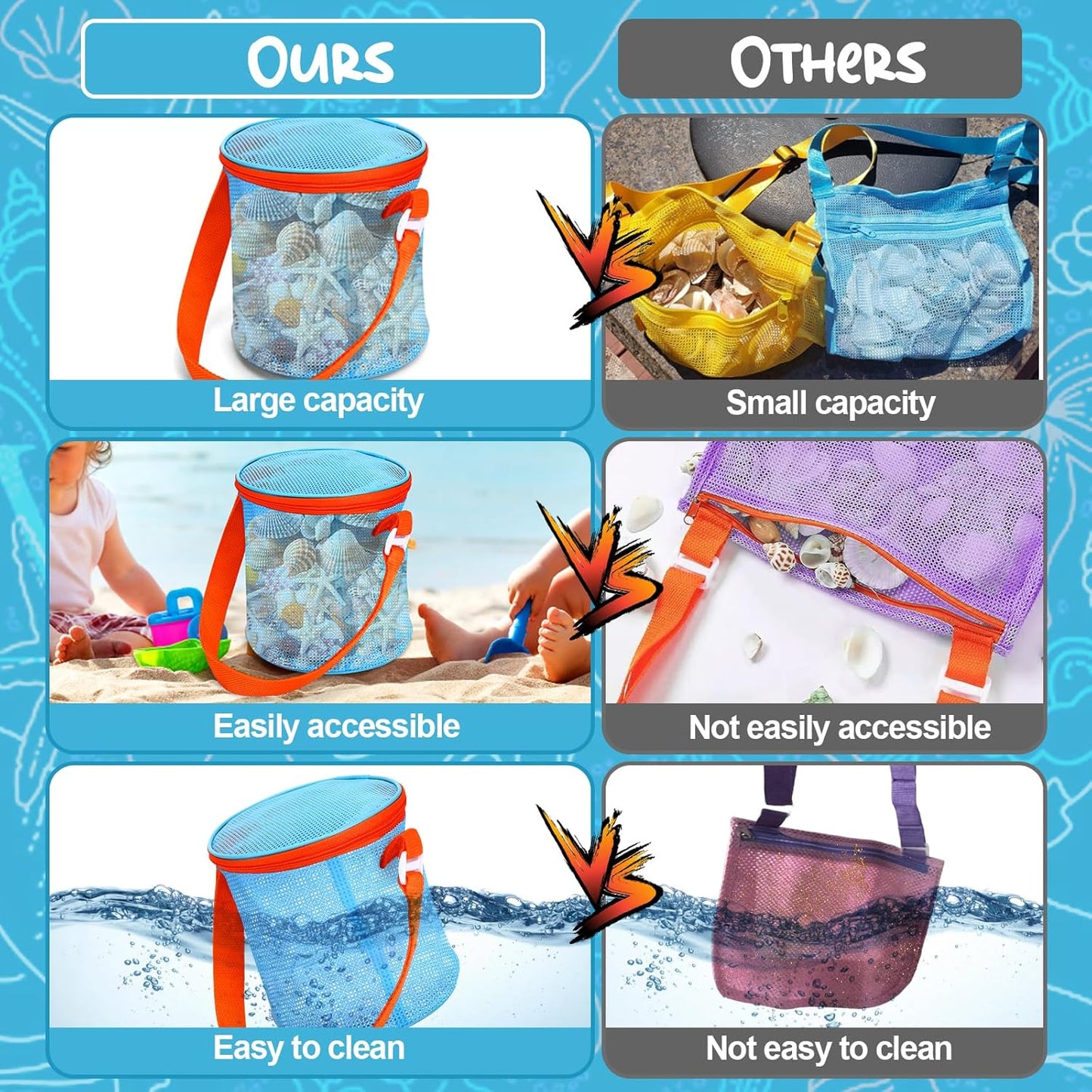 Sea Shell Bags for Beach,2Pcs Mesh Seashell Holder,Shelling Collecting Tools Travel Sand Toys Storage Bucket for Sandbox,Beach Vacation Essentials for Kids,The Beach Must Haves Sand Box Toy Bag