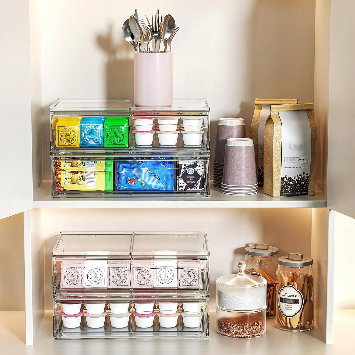 Acrylic Stackable Storage Drawers, 3.5'' Non-Slip Bathroom Makeup Organizer Countertop, Clear Drawer Organizers for Vanity, Bathroom, Office, Undersink, Kitchen, Pantry, Cabinet, 2 Pack