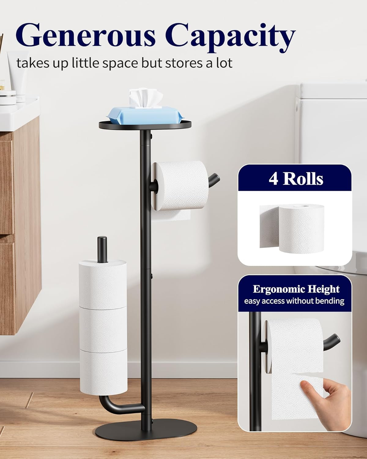 Toilet Paper Holder Stand - Spacious Toilet Paper Storage for 4 Rolls, Rustproof Bathroom Organizers and Storage with Shelf for Phone & Small Items, 9.1"×5.8"×27.6", Black