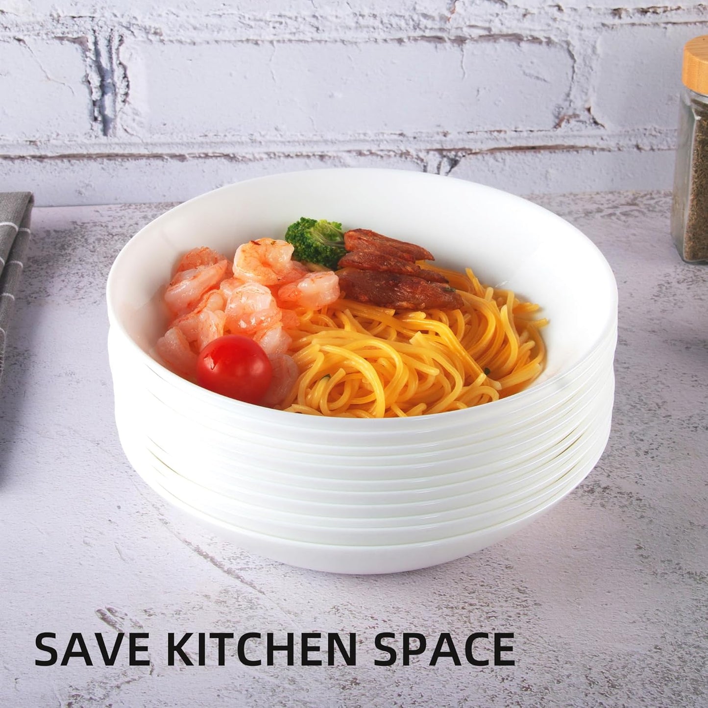 Set of 4 Tempered Glass Pasta and Salad Bowls, 7.8-Inch Round Serving Bowls, Microwave and Dishwasher Safe
