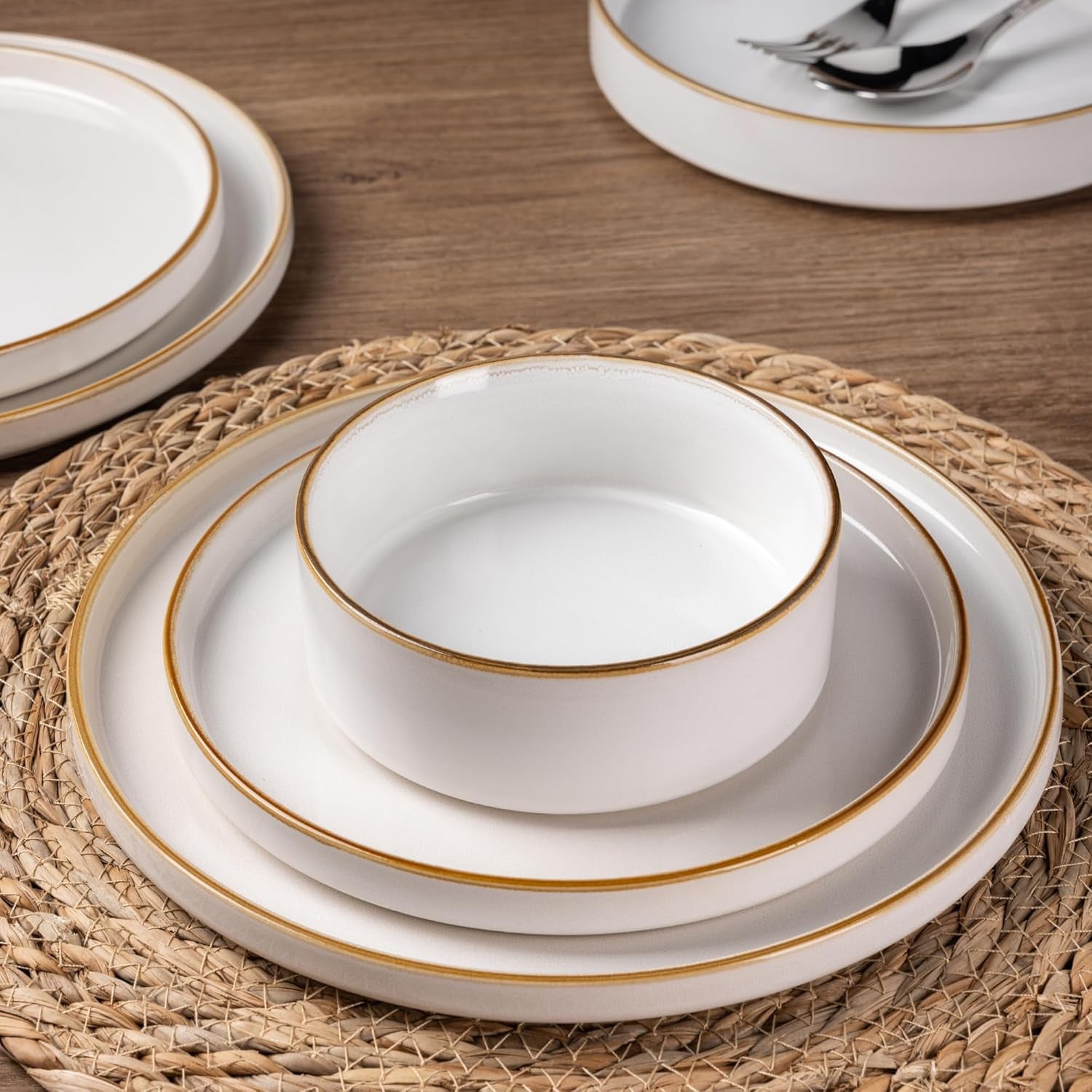 Ceramic Dinnerware Set for Four - 12 Piece Stoneware Collection with Reactive Glaze, Scratch Resistant, Dishwasher and Microwave Safe, Pearl White