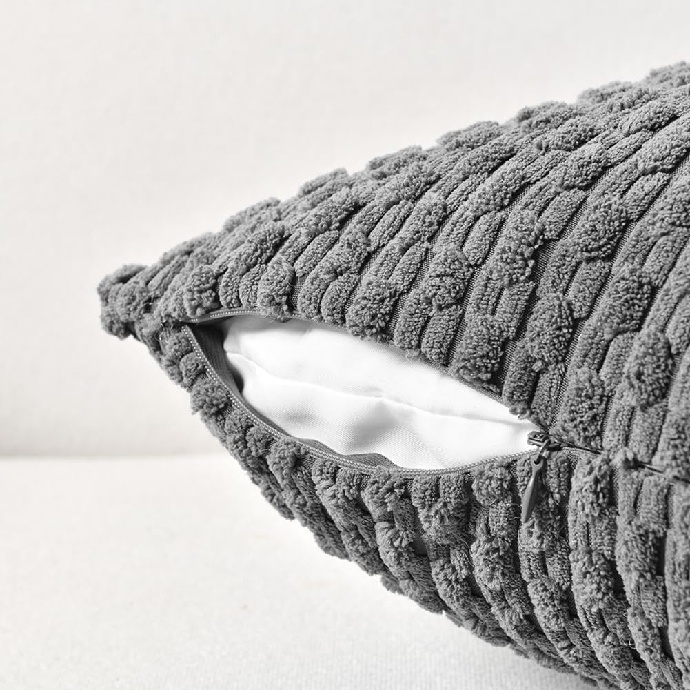 Set of 2 Dark Gray Lumbar Decorative Throw Pillow Covers 12X20 Inch for Couch Living Room Bed Sofa, Modern Farmhouse Boho Home Decor, Soft Plush Grey Corduroy Rectangle Cushion Case