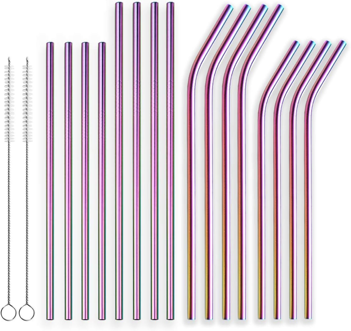 Premium Reusable Titanium-Plated Stainless Steel Colorful Drinking Straws - Straight and Bent Metal Straws with Cleaning Brushes for Milkshakes, Frozen Drinks, Smoothies, and Bubble Tea, Set of 18