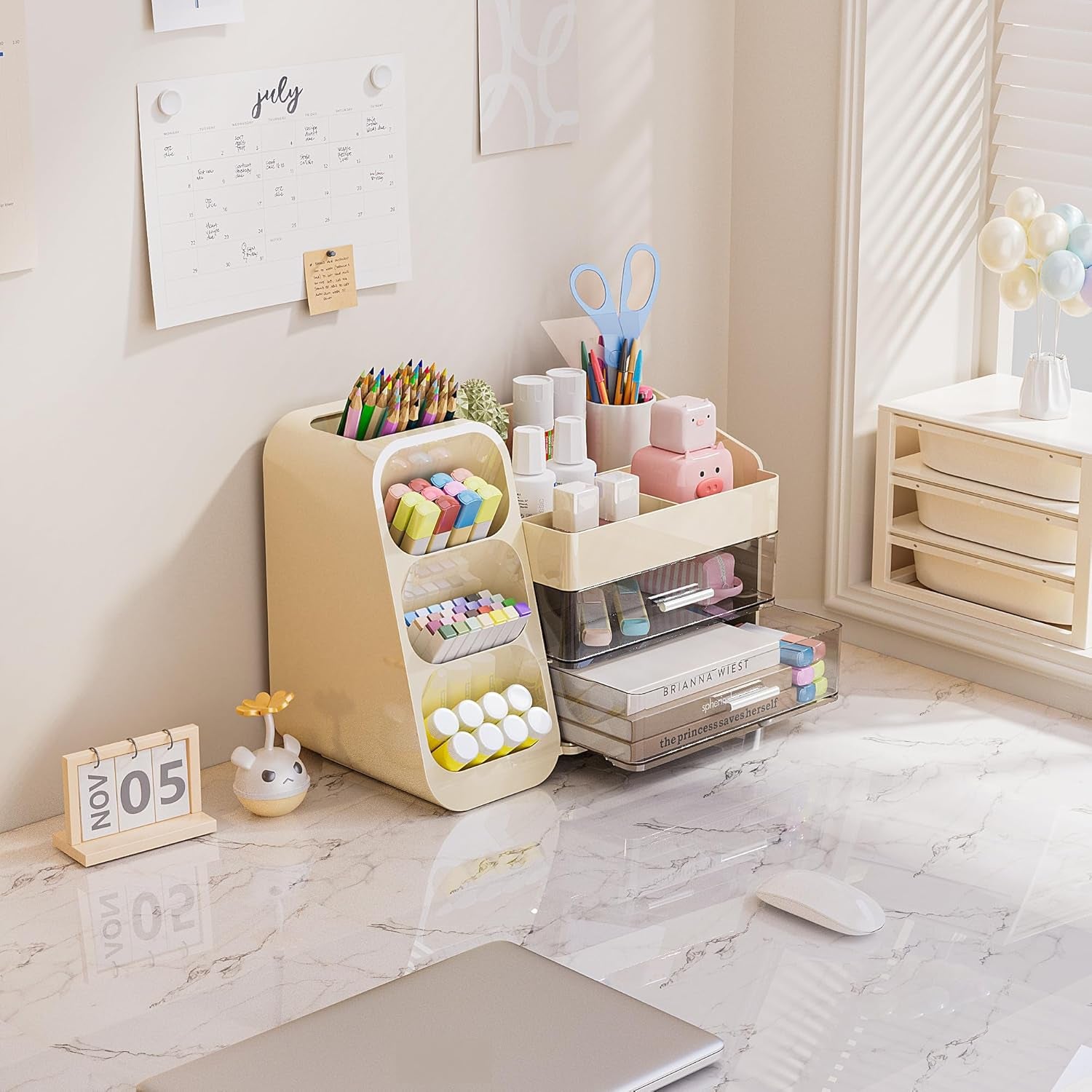 Makeup Organizer with Drawers for Vanity, Spacious Cosmetic Display Case with Makeup Brush Holder, Perfect Vanity Bathroom Organizer and Storage Solution for Skincare & Beauty Essentials, Beige