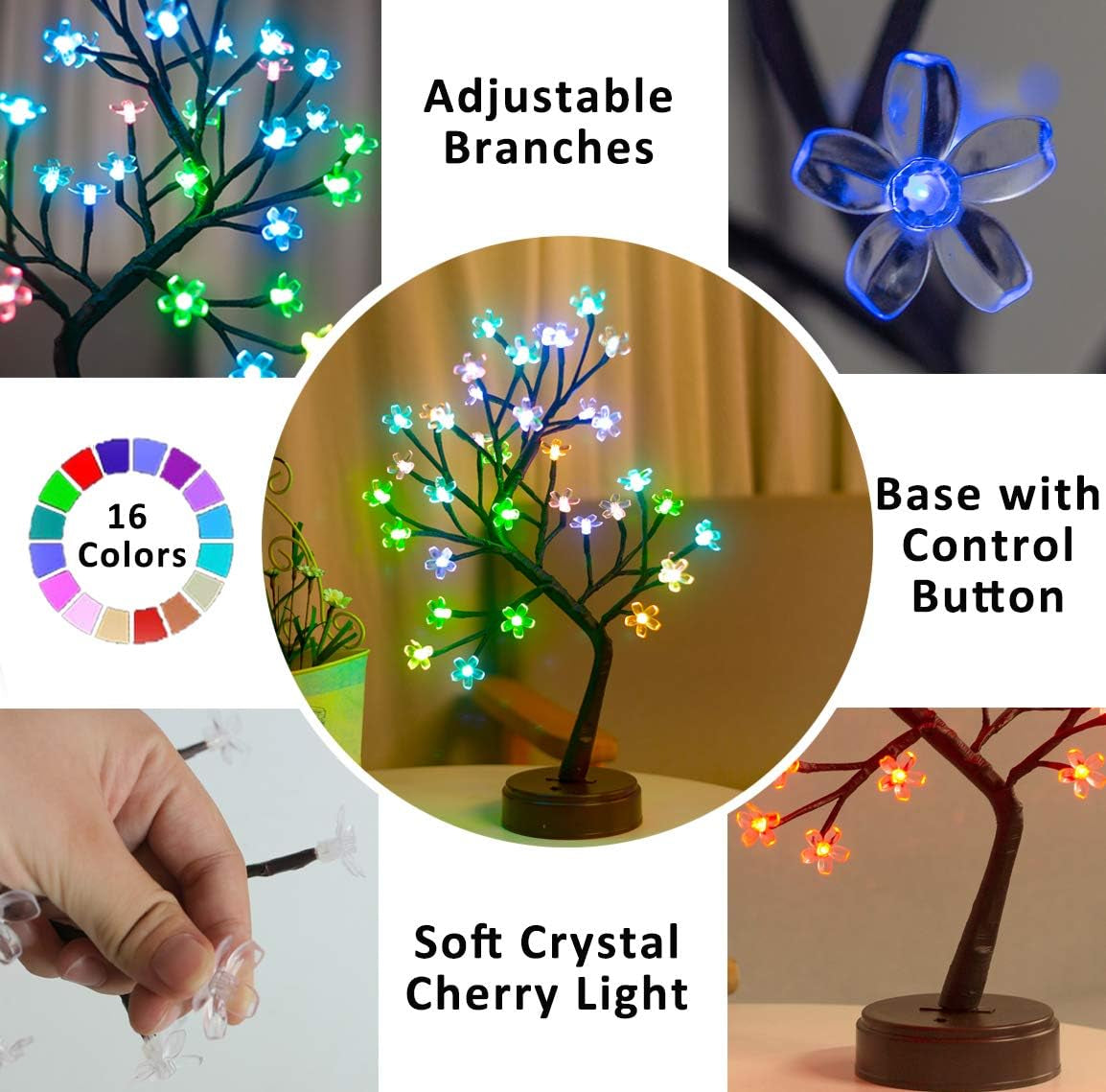 RGB Cherry Blossom Tree Light with Remote 16 Color-Changing LED Artificial Flower Bonsai Tree, Pink Table Top Lamp Home Lit Tree Valentine'S Day Christmas Decoration 36 LED, Brown Branch
