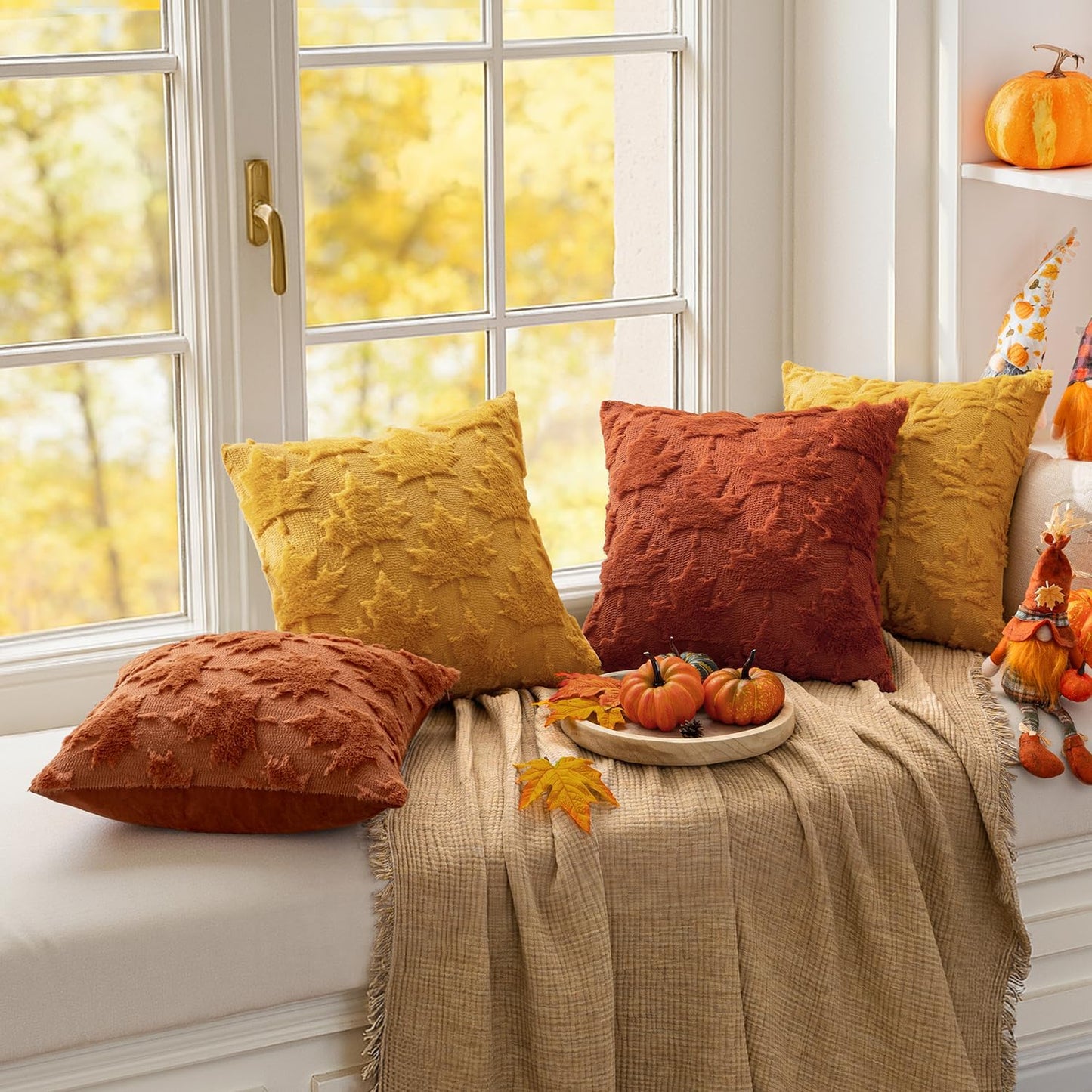 Fall Autumn Throw Pillow Covers 18X18 Rust Set of 2 Thanksgiving Decorative Solid Maple Leaf Pattern Accent Pillow Covers Soft Plush Faux Wool for Home Decor Holiday Outdoor Porch Bedroom