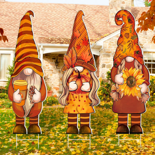 Set of 3 Autumn Gnome Yard Signs with Stakes - 32 x 10 Inches Outdoor Fall Garden Decor for Home Pathways and Walkways (Pumpkin Design)