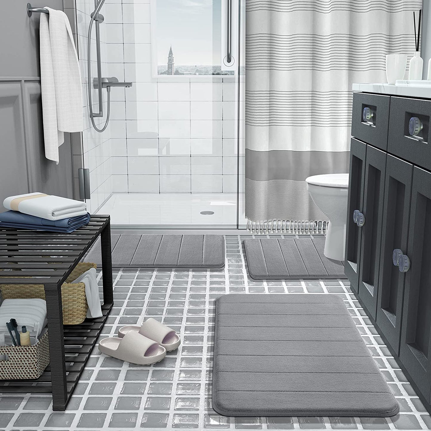 Memory Foam Bath Mat Set 3 Pieces- Super Soft Absorbent Quick Dry Bathroom Rug Sets, Machine Washable Non Slip Floor Carpet for Tub Shower, Vanity & Toilet Base, Gray