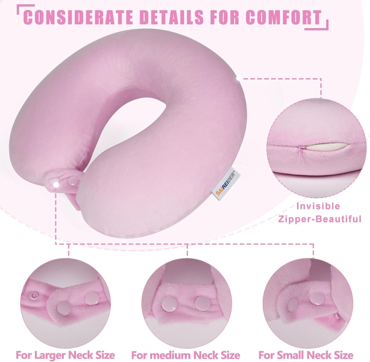 Travel Neck Pillow 100% Pure Memory Foam Airplane Pillow for Head Support,Soft Adjustable Pillow for Plane, Car & Home Recliner (Pink)