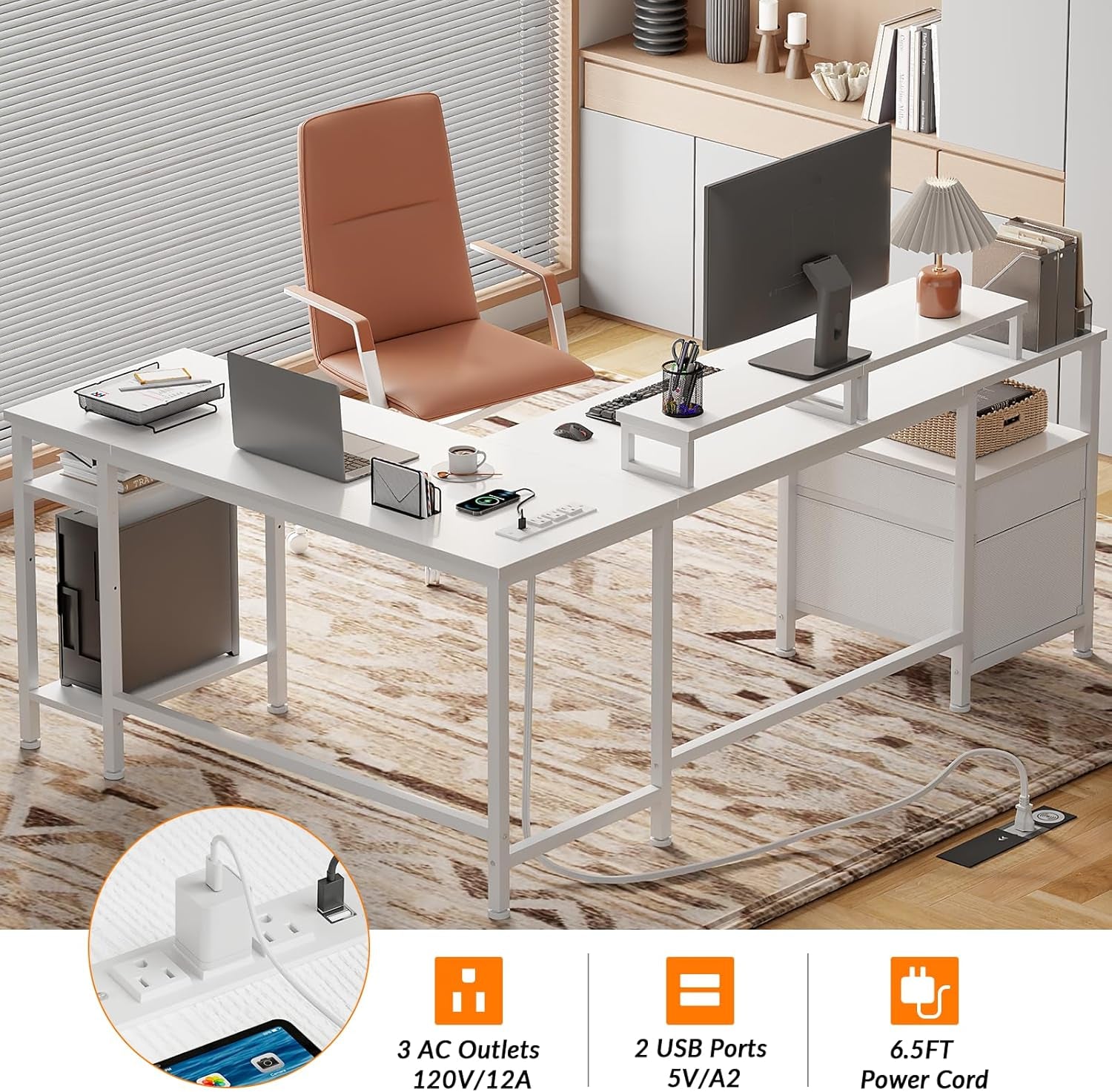 66” L Shaped Desk with Power Outlet, Reversible Computer Gaming Desk with File Drawer & 2 Monitor Stands for Home Office with Storage Shelves, White