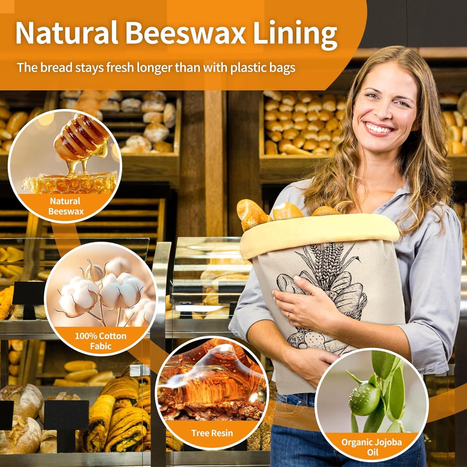 Bread Bags for Homemade Bread - 2 Pack Reusable Cotton Beeswax Bags for Sourdough to Keep Fresh, Natural Cotton Bees Wax Bag