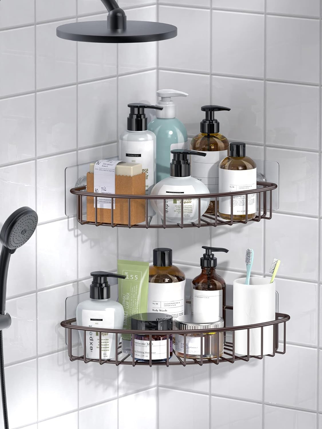 2-Pack Corner Shower Caddy, SUS304 Stainless Steel, Wall Mounted Bathroom Shelf with Adhesive, Storage Organizer for Toilet, Dorm and Kitchen (Bronze)