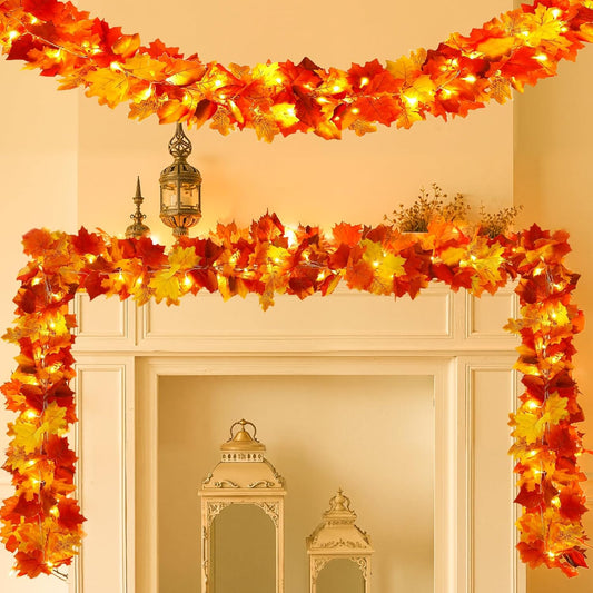 2 Pack Fall Garland with Lights, Fall Leaves for Mantle, Outdoor Lighted up Leaf Garland Autumn Decor with 6.5FT LED String Lights, Hanging Maple Leaves for Door, Thanksgiving Decor