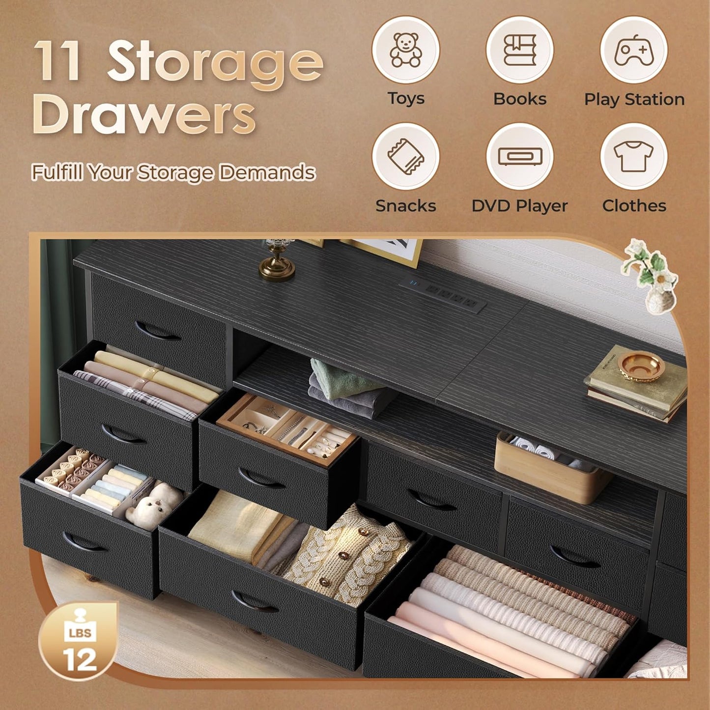 63-Inch TV Stand for 65-70 Inch TVs, 11-Drawer Long Dresser with Power Outlets and LED Lighting, Black Entertainment Center with Storage and PU Leather Surface