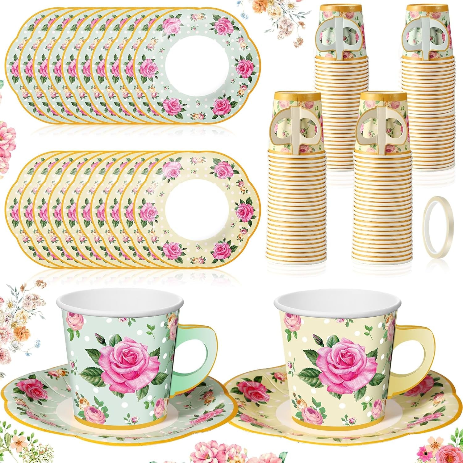 60 Sets of Floral Tea Party Decorations - Disposable Paper Tea Cups with Handles and Plates for Hot and Cold Beverages, Ideal for Birthdays (Yellow, Green, 6.5 Oz)