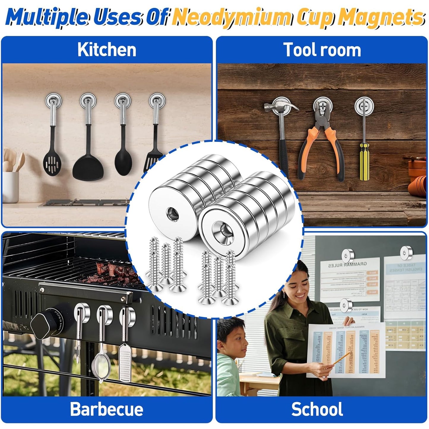 4 Pack Neodymium Cup Magnets, 30LBS Holding Force Strong Rare Earth Magnets with Heavy Duty Countersunk Hole and Stainless Screws for Refrigerator, Tool Room, Science, Craft, Office and Garage