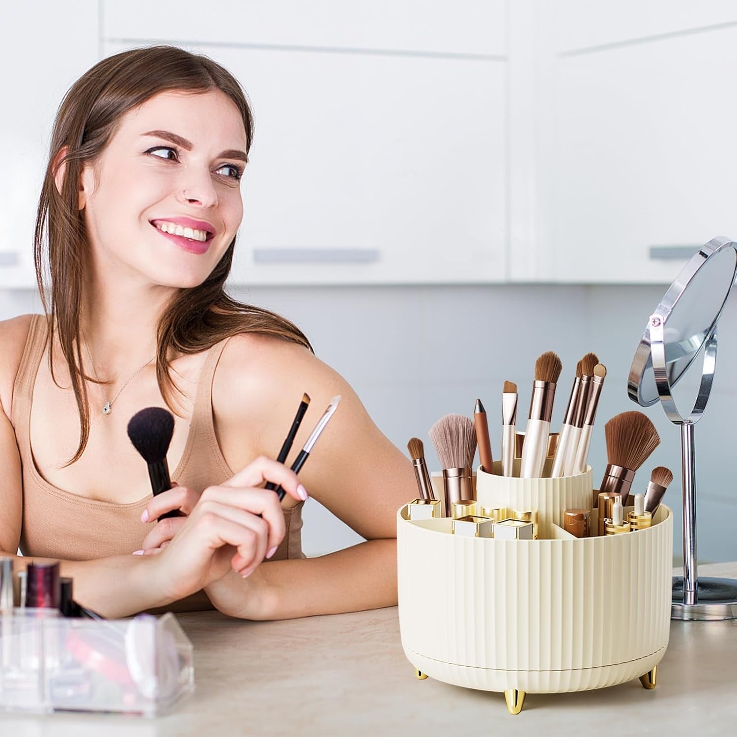 Makeup Brush Holder Organizer,360° Rotating Makeup Brush Organizer,5 Slot Make up Brushes Cup for Cosmetics, Nail Polish, Art Supply, Bathroom Vanity Desktop Organizer - Cream