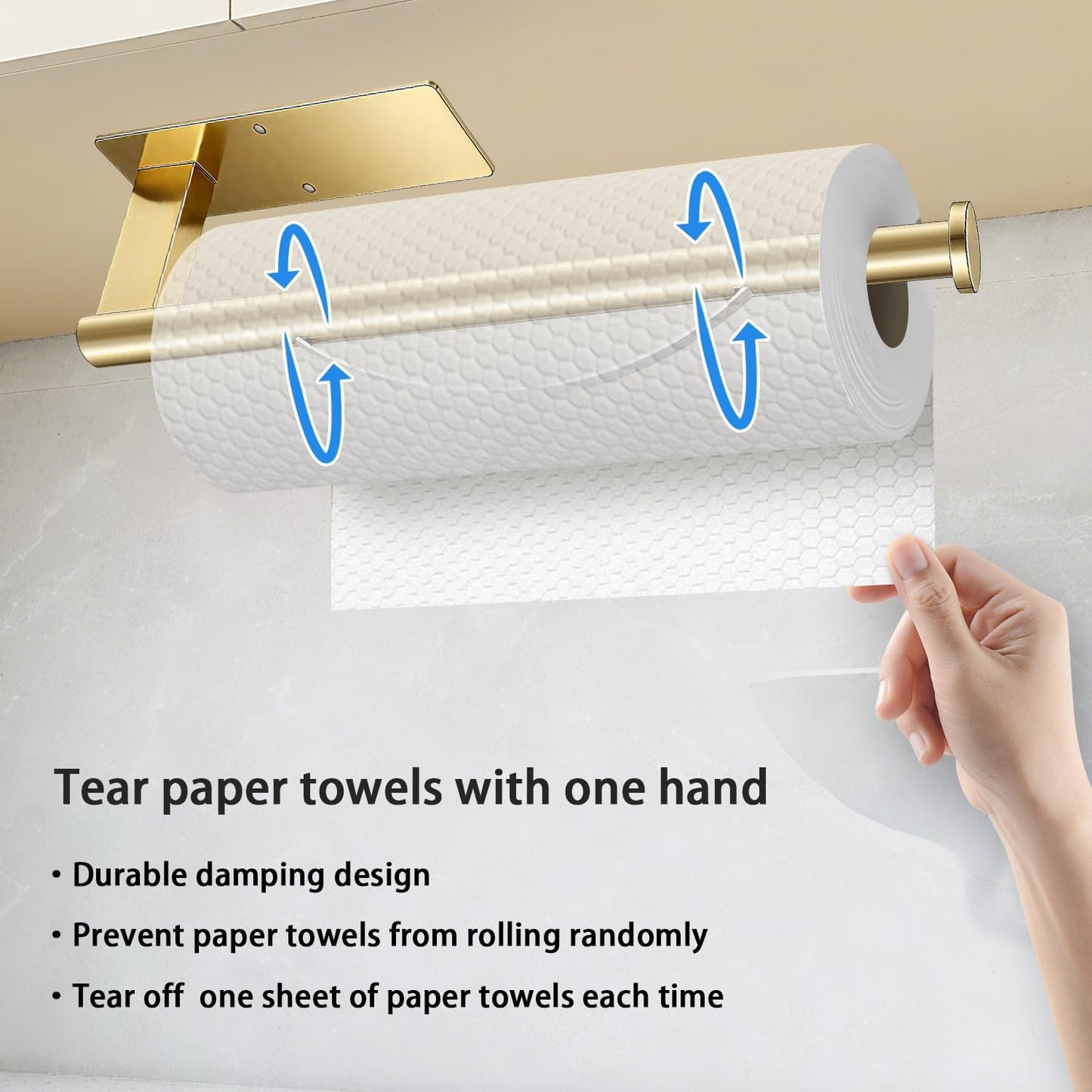 Paper Towel Holder under Cabinet, Single Hand Operable Tearing off Paper Towels with Damping Effect, Both Available in Adhesive and Screws, Stainless Steel (Gold)
