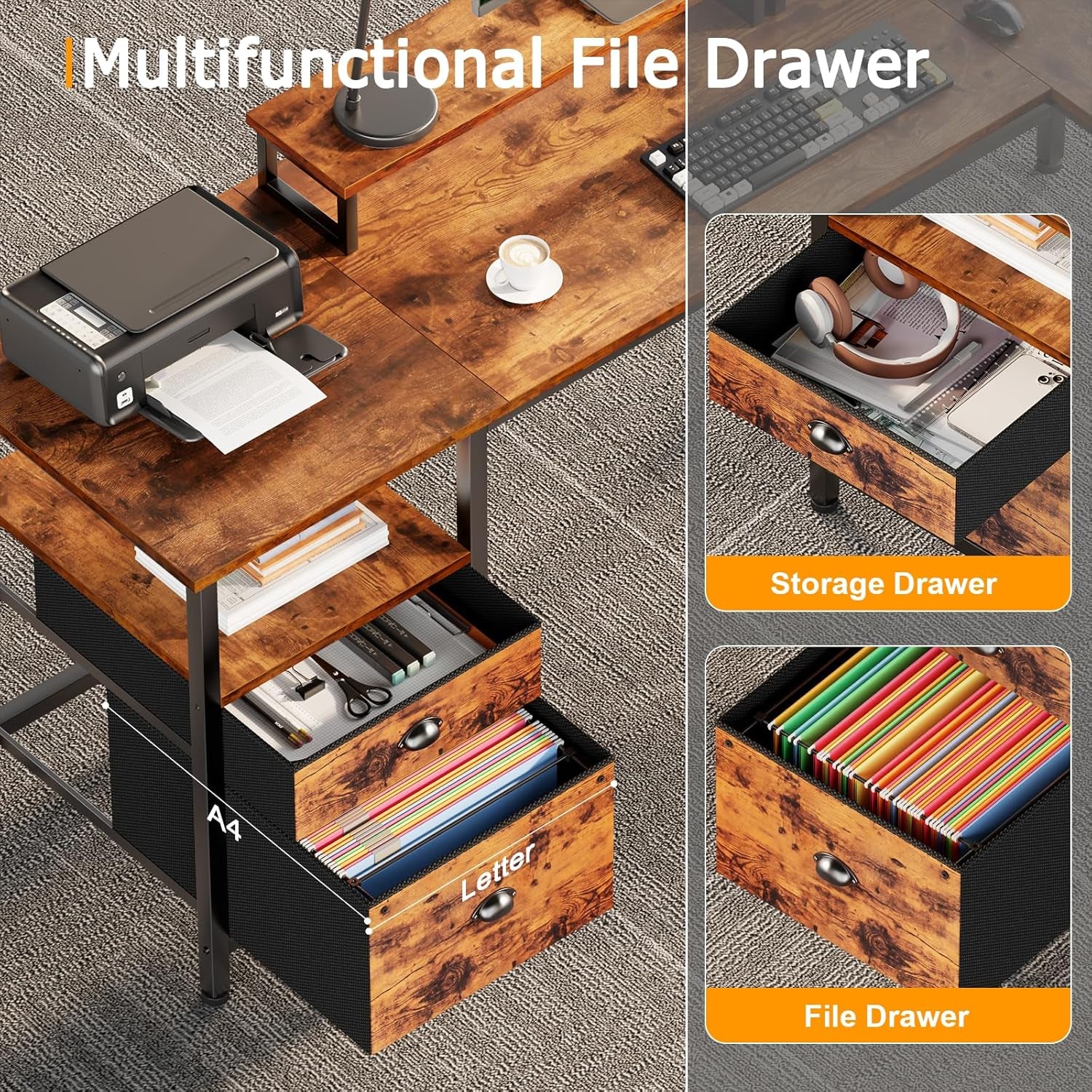 66” L Shaped Desk with Power Outlet, Reversible Computer Gaming Desk with File Drawer & 2 Monitor Stands for Home Office with Storage Shelves, Rustic Brown