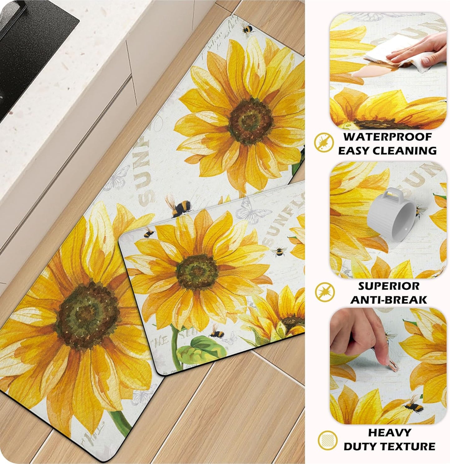 Vintage Yellow Sunflower Kitchen Rugs Mats Set of 2 Non-Slip Anti-Fatigue Kitchen Floor Mat Classic Farmhouse Blooming Sunflowers 0.4 Inch Thick Kitchen Mat for Kitchen, 17.3X28+17.3X47 Inch