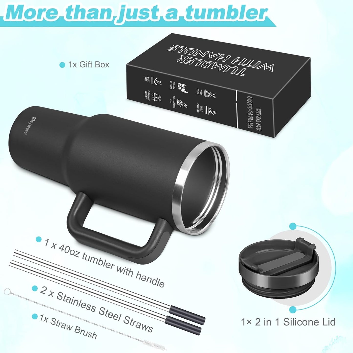 40 Oz Tumbler with Handle and Straw, 2 in 1 Lid, Vacuum Insulated Stainless Steel Double Wall Water Bottle Travel Mug - Holiday Gifts for Women Men - Black