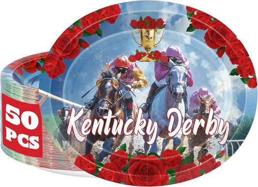 50 PCS Derby Party Supplies, Disposable Oval Kentucky Plates, Oval Horse Racing Paper Plate, Run for the Roses Dinner Plates for Party Decorations Tableware