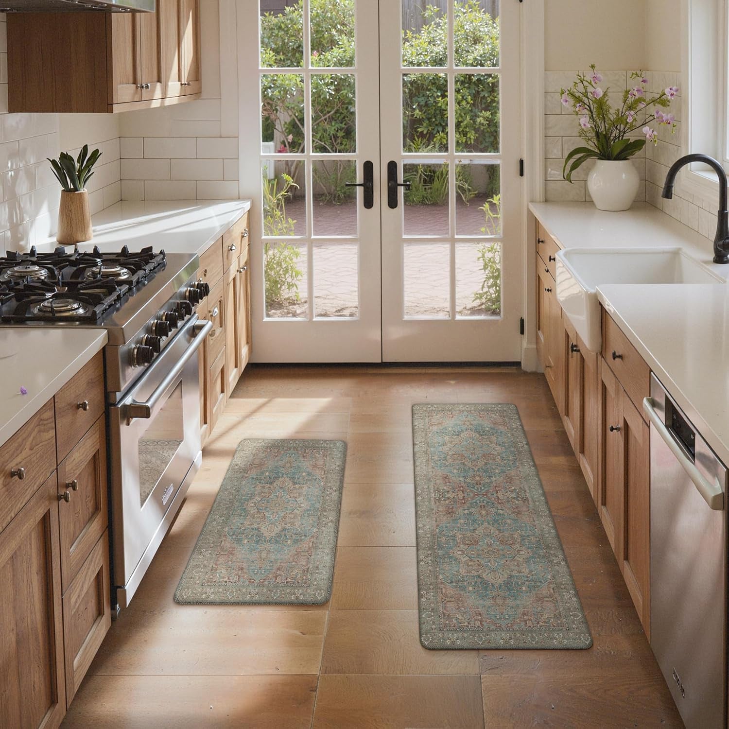 Kitchen Mats for Floor, 2PCS Kitchen Rugs Non Slip Washable, Waterproof anti Fatigue Mat, Comfort Standing Runner Rug for Sink, Office, Laundry, Home, 17.3"X47"+17.3"X30", Red&Brown