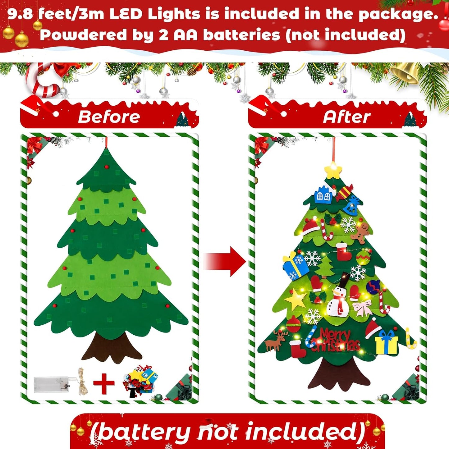 Felt Christmas Tree Set for Toddlers Kids with 3M/9.8Ft Led String Light, 3.2Ft/98Cm Wall Hanging DIY Christmas Tree with 32 Detachable Ornaments for Xmas Home Decoration