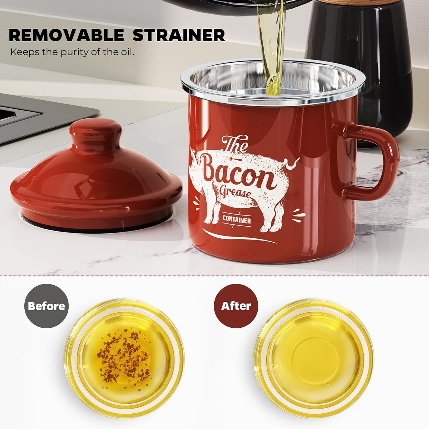 Mini Bacon Grease Container with Strainer - 15OZ Enamel Grease Saver, Farmhouse Bacon Grease Keeper for Kitchen Fat Storage, Dishwasher Safe-Red