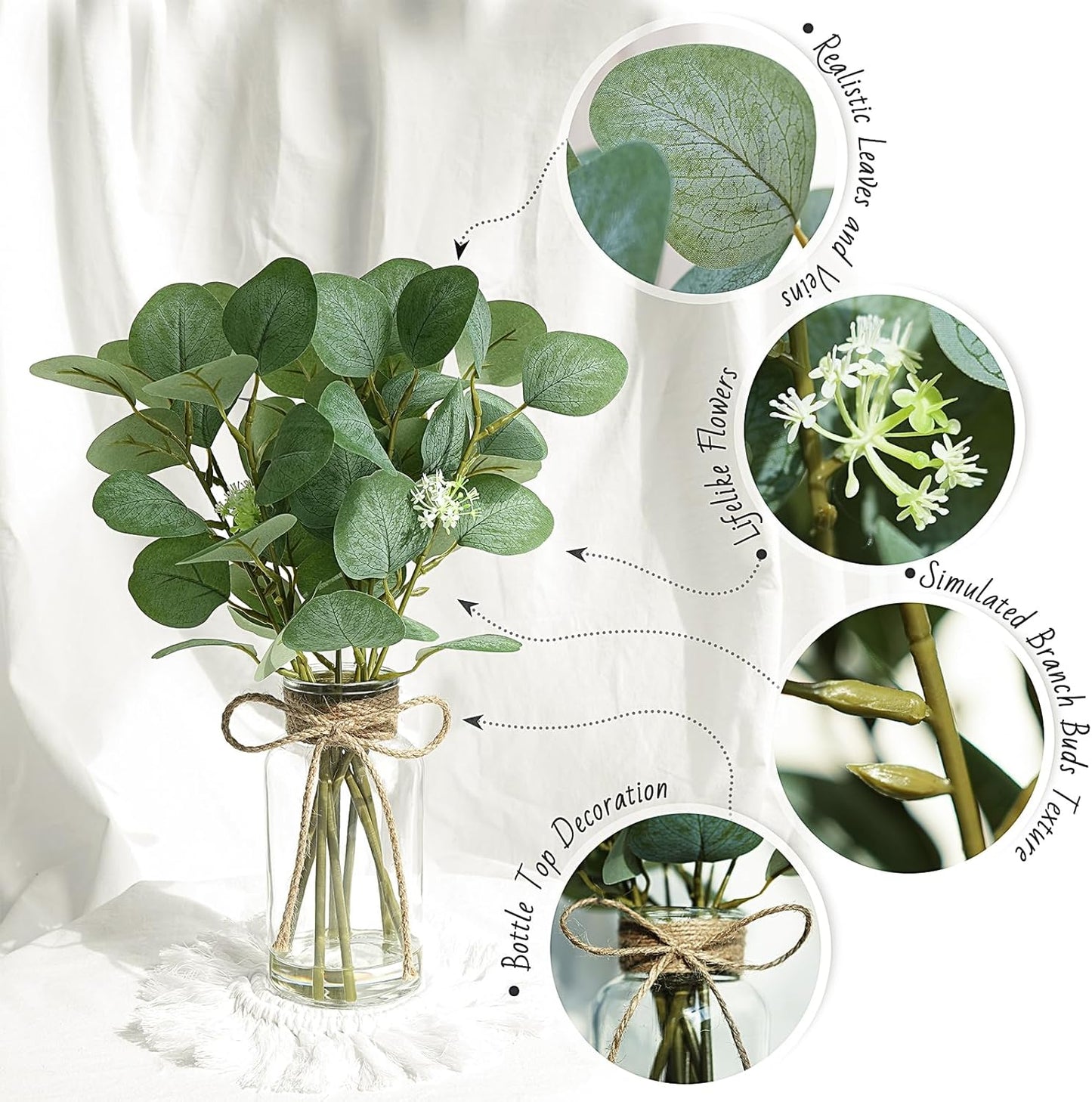 15" Artificial Eucalyptus Stems in Glass Vase with Faux Water, Fake Plant Eucalyptus Leaves for Bathroom Centerpiece Table Kitchen Farmhouse Wedding Home Greenery Décor, Green