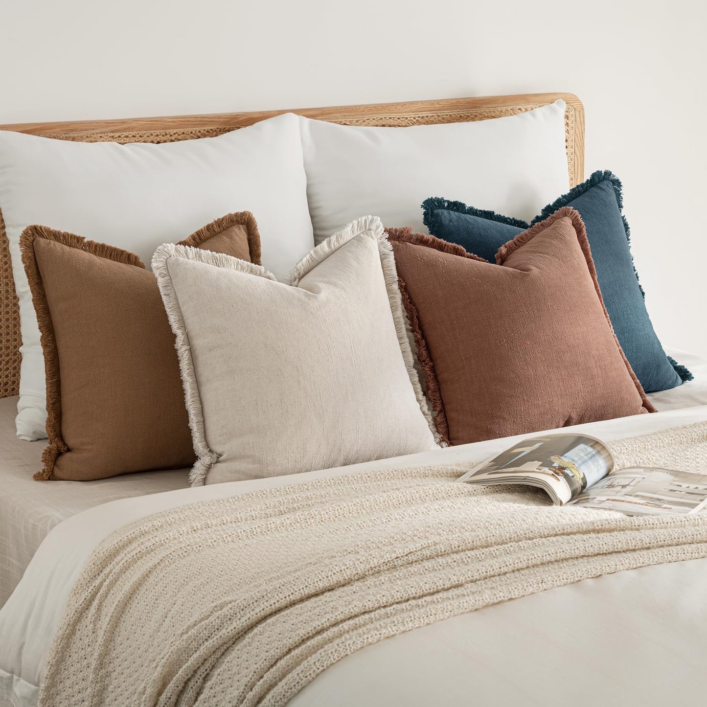 Set of 4 Neutral Linen Fringe Decorative Couch Pillow Covers - Modern Rustic Boho Farmhouse Cushions for Living Room and Bedroom Decor, 18x18 Inches, Beige/Brown/Blue