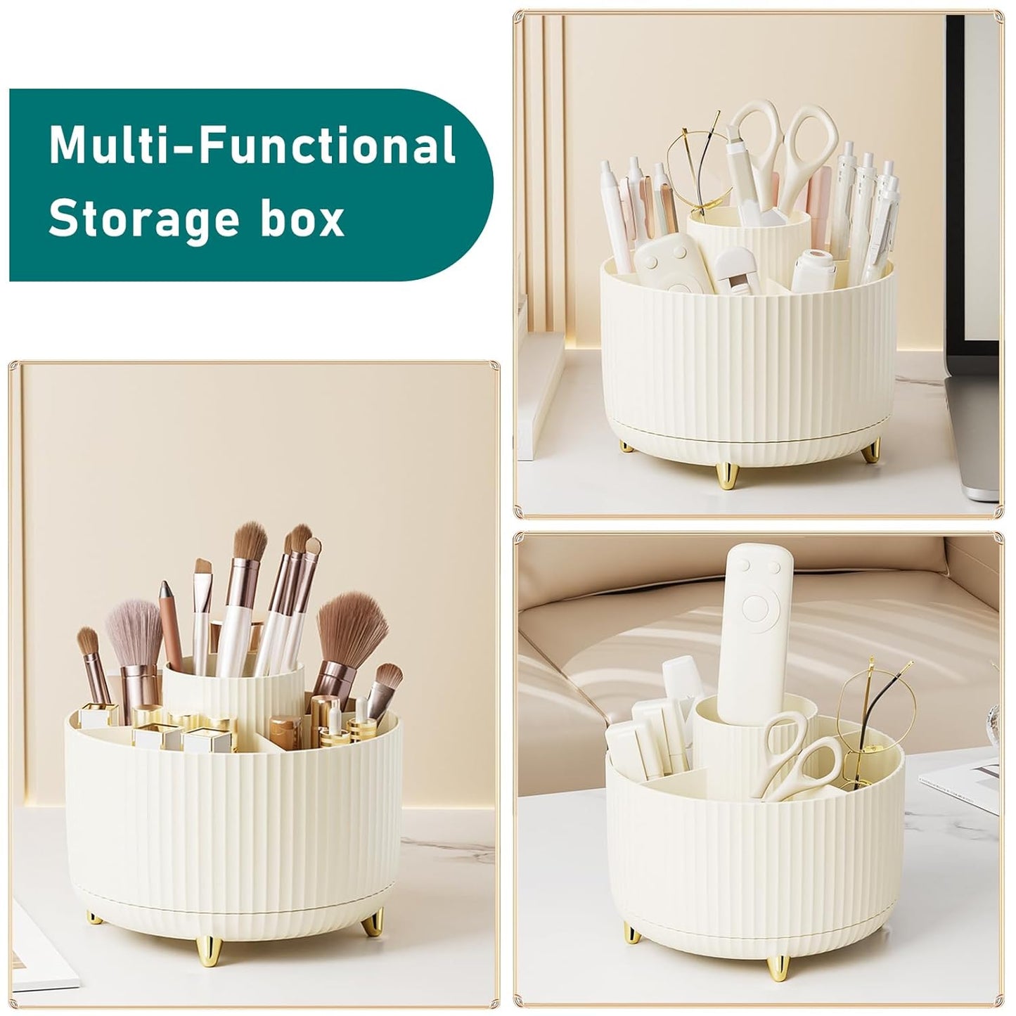 Makeup Brush Holder Organizer,360° Rotating Makeup Brush Organizer,5 Slot Make up Brushes Cup for Cosmetics, Nail Polish, Art Supply, Bathroom Vanity Desktop Organizer - Cream