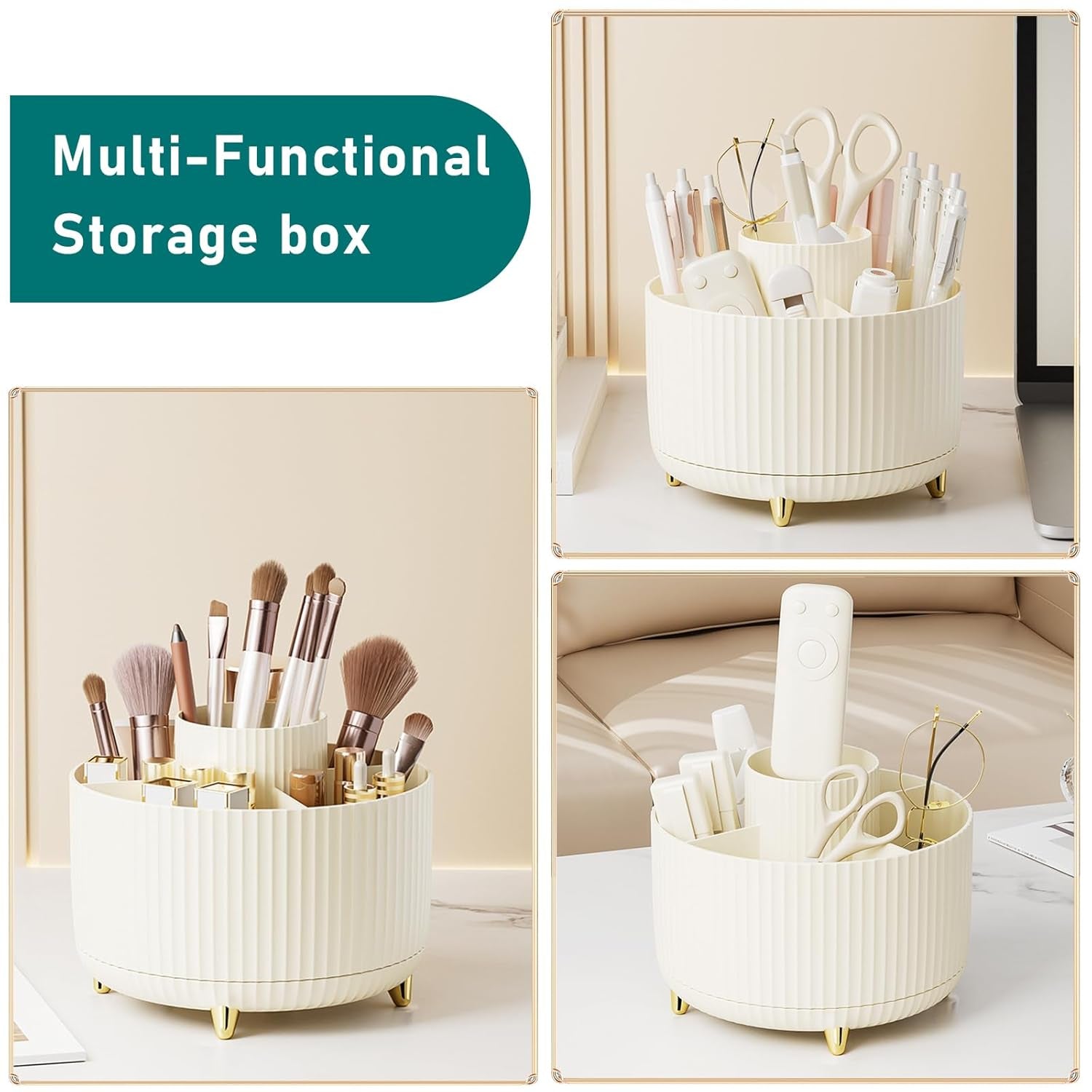 Makeup Brush Holder Organizer,360° Rotating Makeup Brush Organizer,5 Slot Make up Brushes Cup for Cosmetics, Nail Polish, Art Supply, Bathroom Vanity Desktop Organizer - Cream