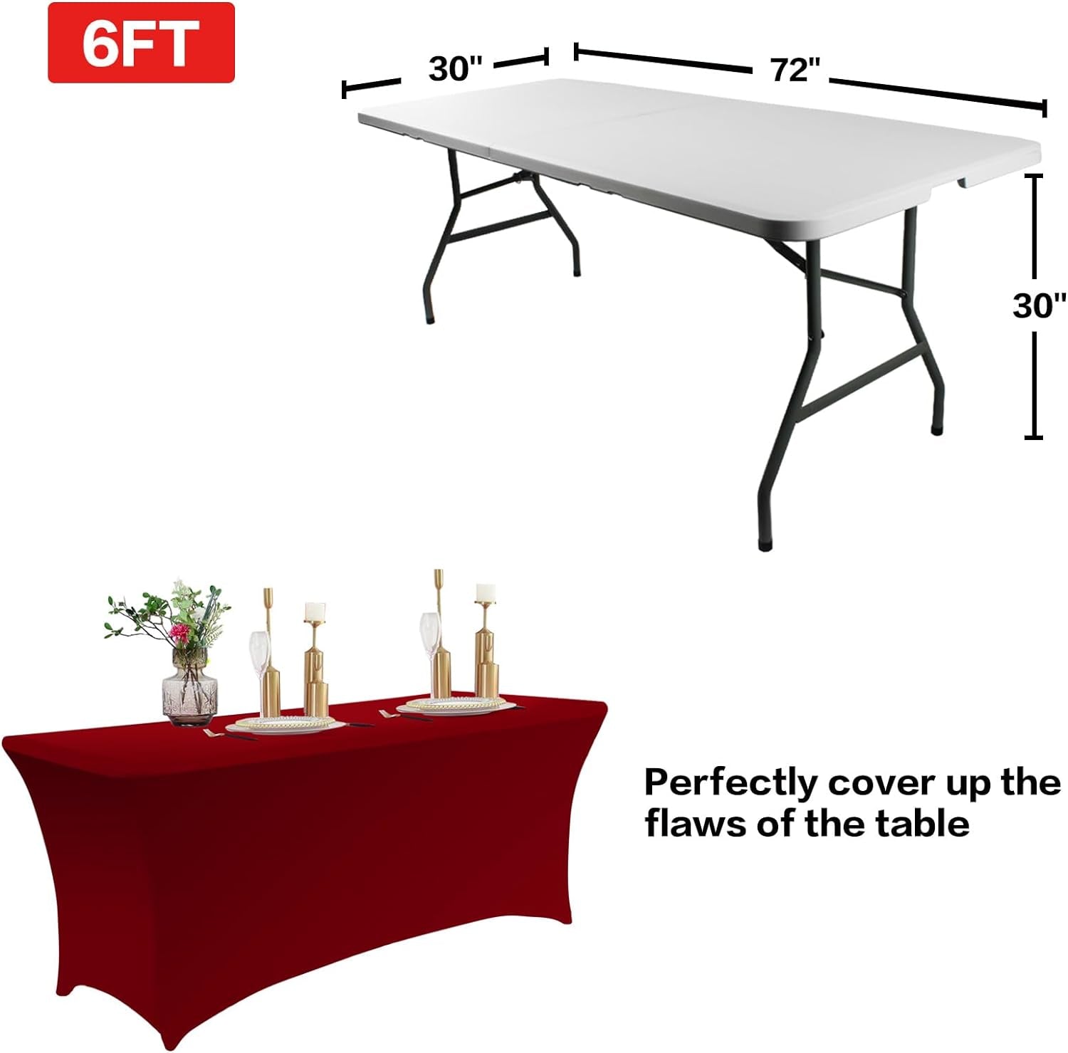 2 Pack 6FT Table Cloth for Rectangular Fitted Events Stretch Burgundy Table Covers Washable Spandex Tablecloth Protector for Party, Wedding, Cocktail, Banquet, Festival