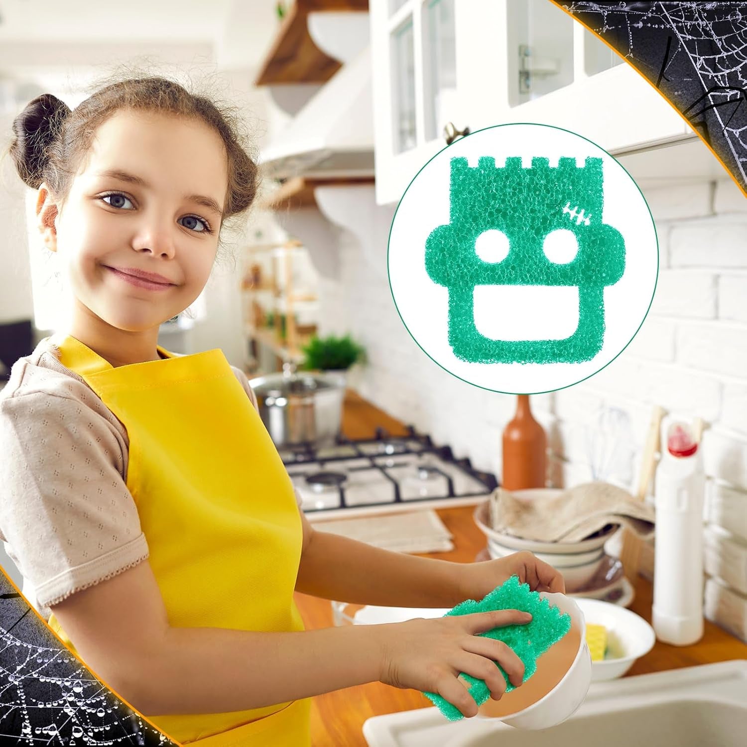 6-Pack Halloween-Themed Non-Scratch Cleaning Sponges for Kitchen Use - Ghost, Bat, Pumpkin, and Cat Designs with Temperature Sensitivity for Dishwashing and Household Cleaning