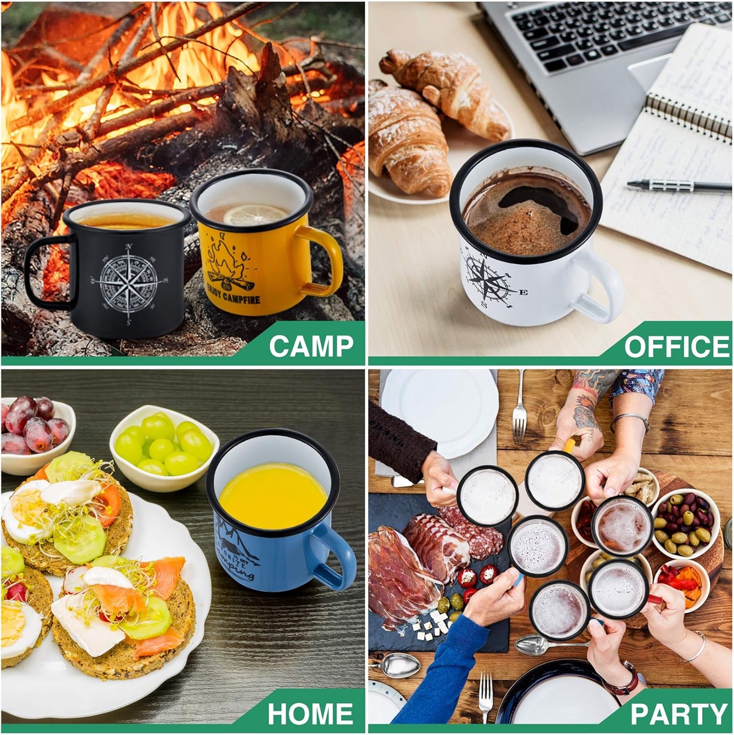 16 Oz Enamel Mug Coffee Cup Set of 6, Camping Enamel Mug with Patterns & Handle for Tea Soup Milk, Corlorful Gift for Camp Home Office, Lightweight & Durable