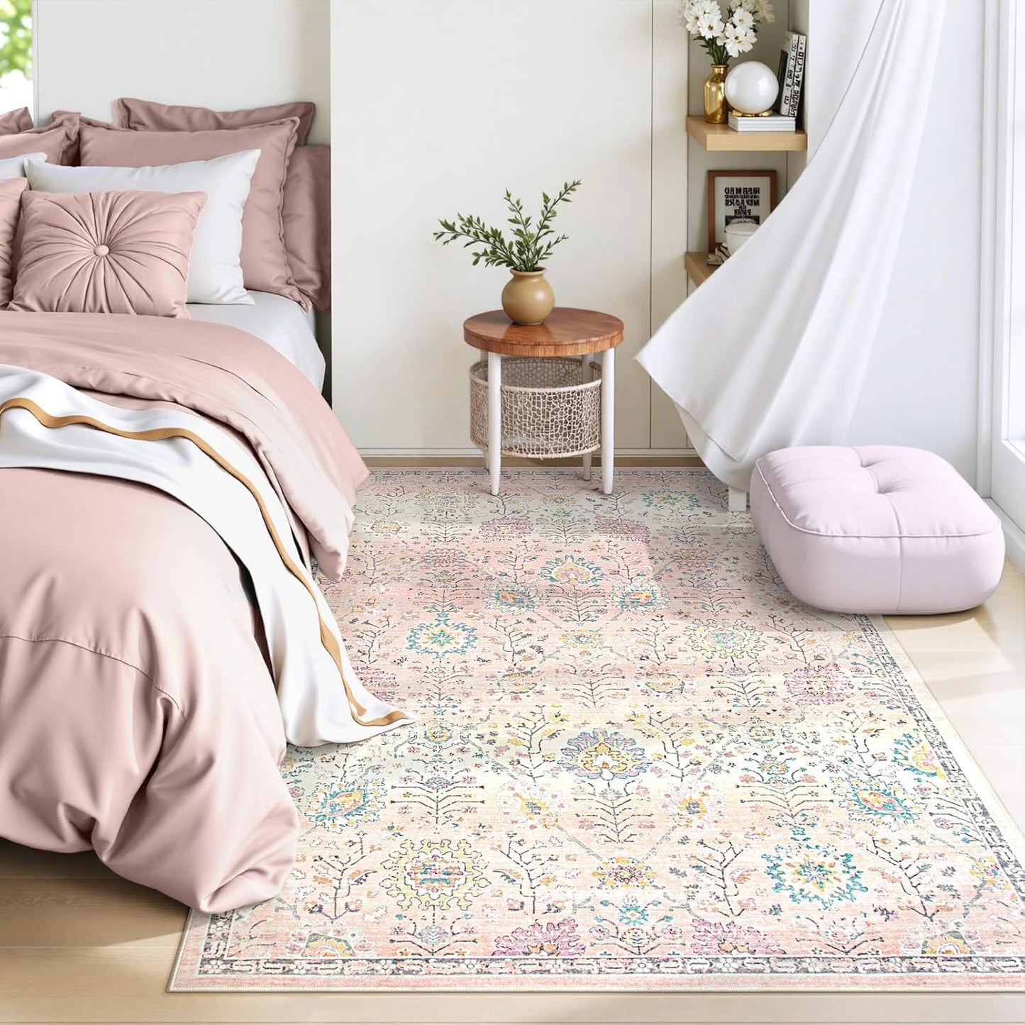 Pink Boho Area Rug for Nursery, 5X7 Washable Pink Rugs for Bedroom Girls Kids Room Living Room, Floral Pastel Carpet Non Slip for Classroom Playroom Dorm