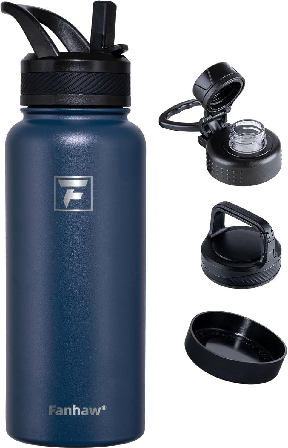 32 Oz Insulated Water Bottle – Portable Stainless Steel Flask with 3 Lids (Straw, Spout, Carabiner) | Leakproof, for Gym, Hiking, Work, Travel & Everyday Use (Navy Blue)