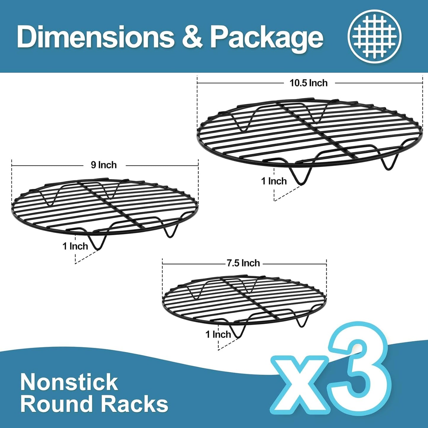 round Cooling Rack Set, round Wire Racks for Cooking Baking, Fit Air Fryer & Oven, Stainless Steel Core with Nonstick Coatings, Black, 3 PCS - 7.5 & 9 & 10.5 Inch